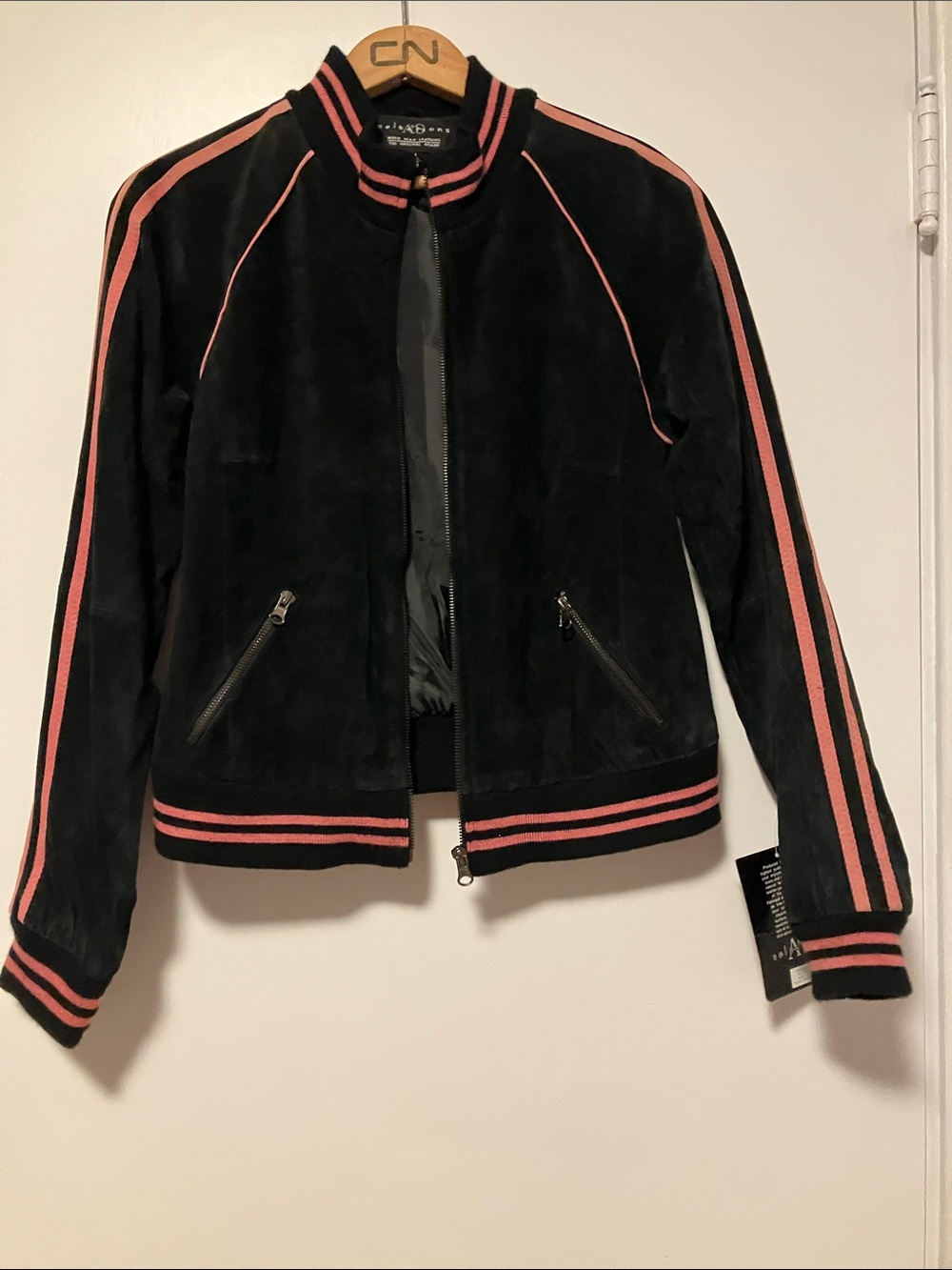 Black Genuine Suede Bomber Jacket with Pink Trim - New